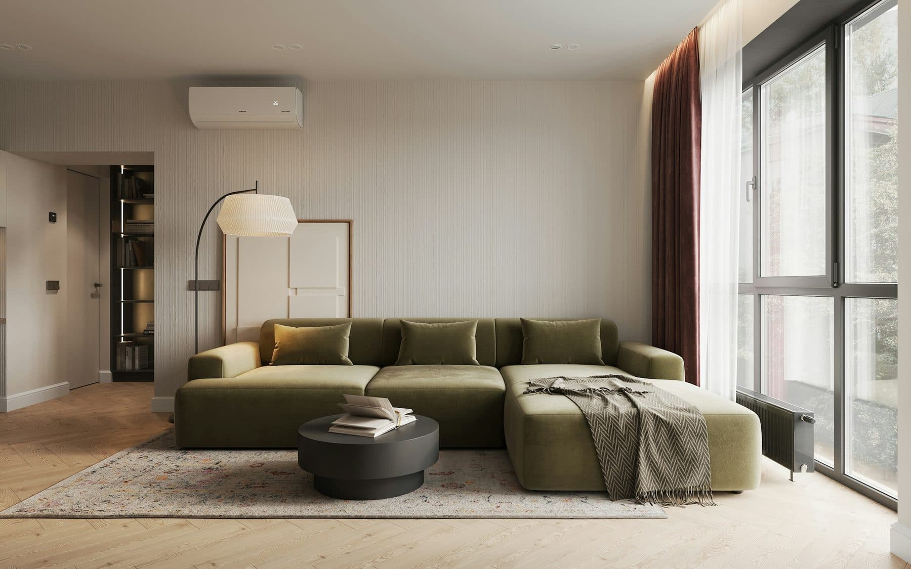 Demo image. Living room with a large green sofa.