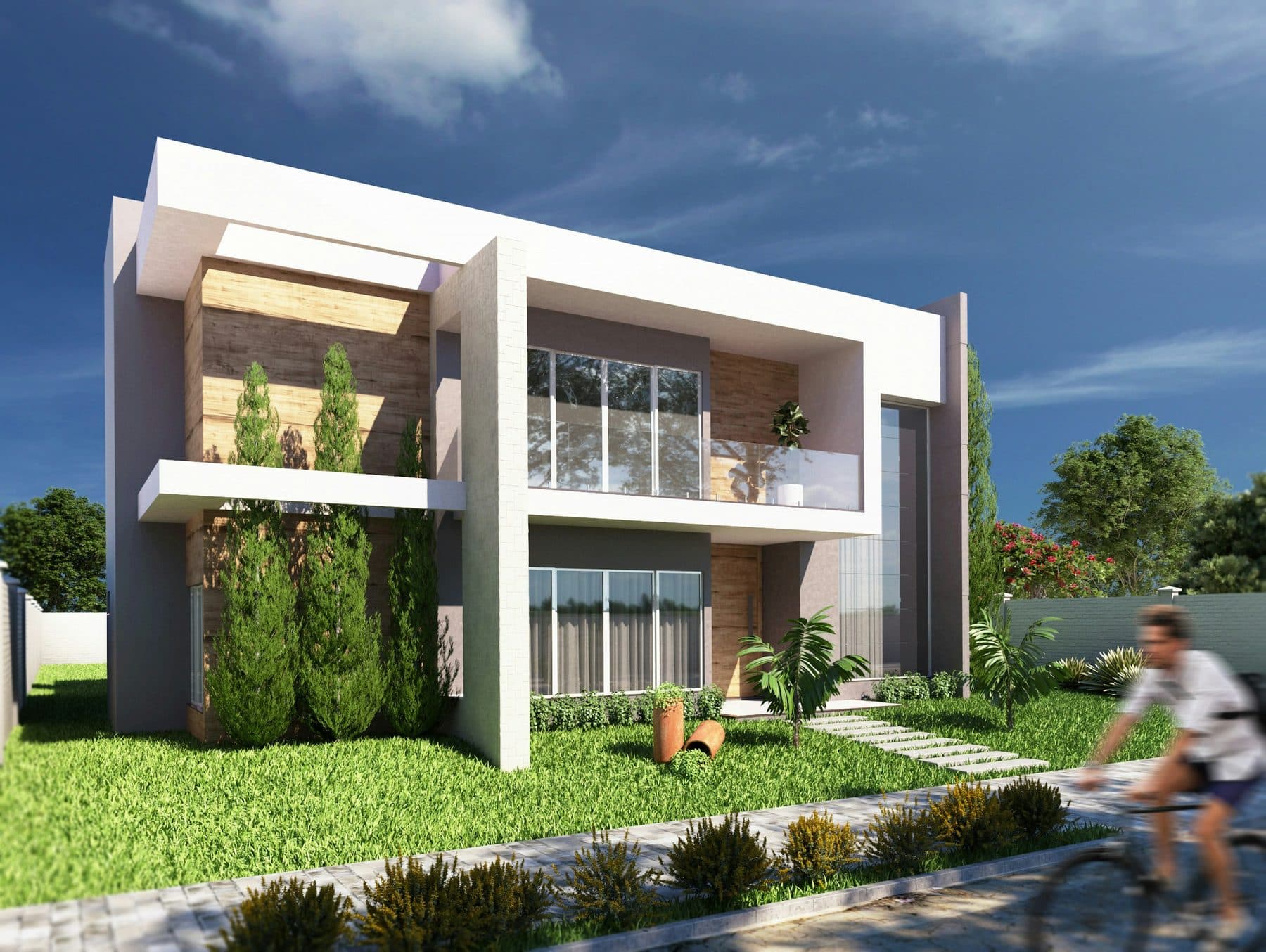 Demo image. White two-storey house with a lawn in front.