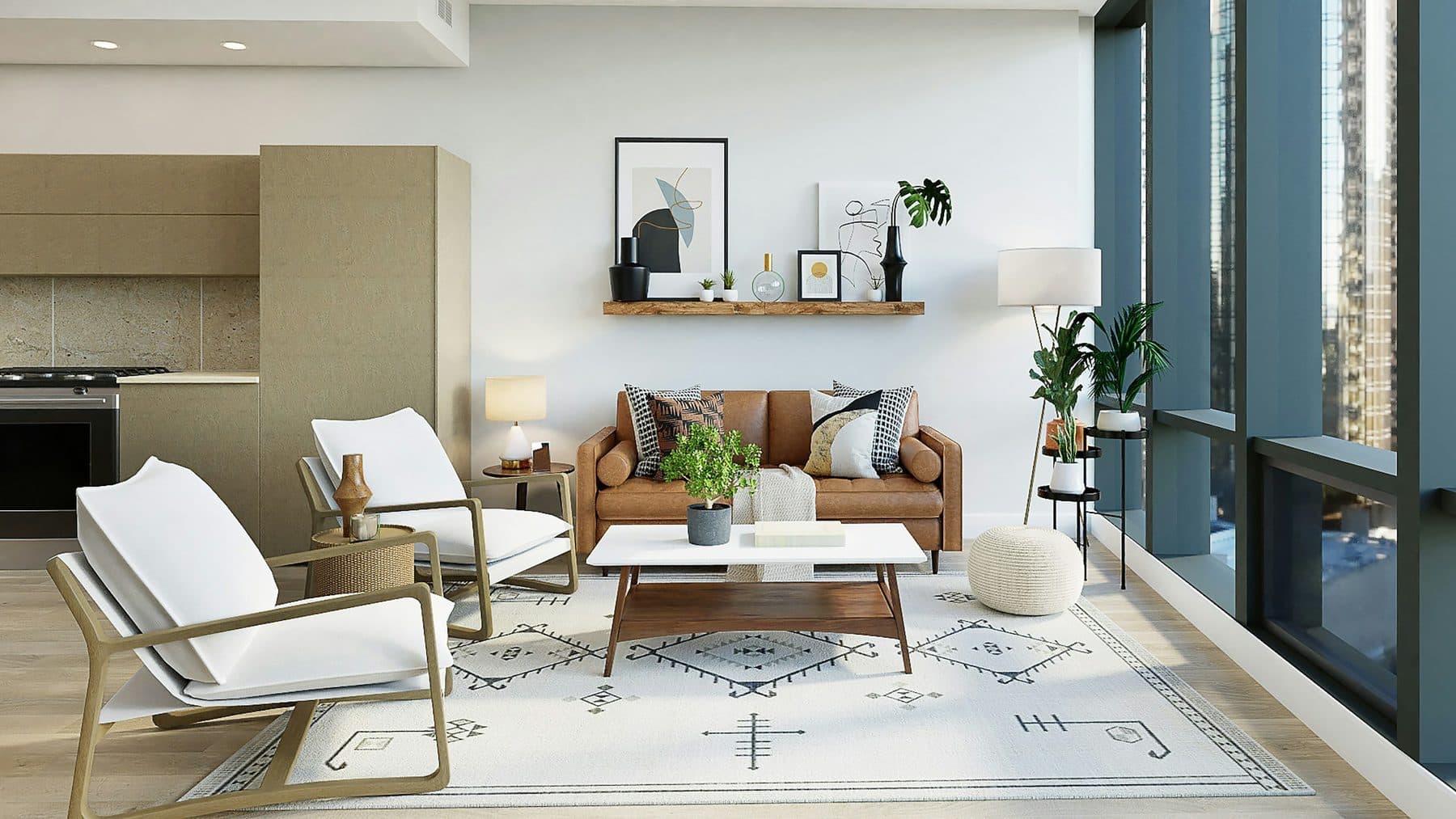 Demo image. Bright living room with large windows.